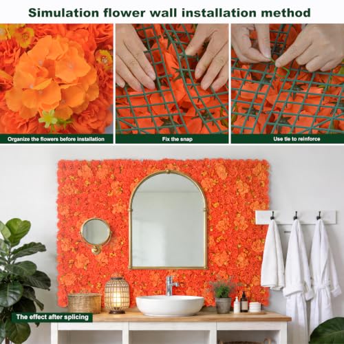 Artificial Flower Wall Backdrop 12Pcs 16.5x16.5 Inch Silk Roses Floral Panels Ideal for Fall Weddings Thanksgiving Backdrops and Seasonal Home Elegance - Orange - color: Orange, size: 16.5inch