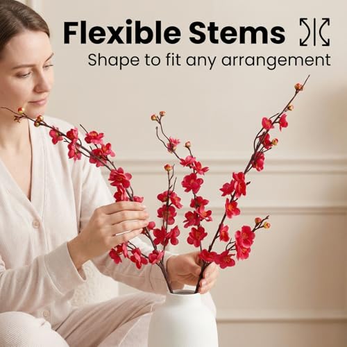 8pcs Rose Red Cherry Blossom Branches Artificial Flowers for Winter Spring Indoor Decoration, 36" Plum Fake Peach Plants for Wedding Home Office Bedroom Party Decor (Rose red, 36in) - color: Rose Red, size: 36in
