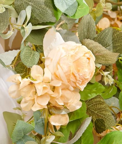 PONKING Flower Garland Artificial Rose & Hydrangea Vine Hanging Fake Flowers Vines for Wedding Birthday Party Valentines Christmas Room Wall Arch Decor, 1 Rose & 1 Hydrangea Champagne Floral Garland - color: Large Rose & Hydrangea Champagne Vines 5.4ft