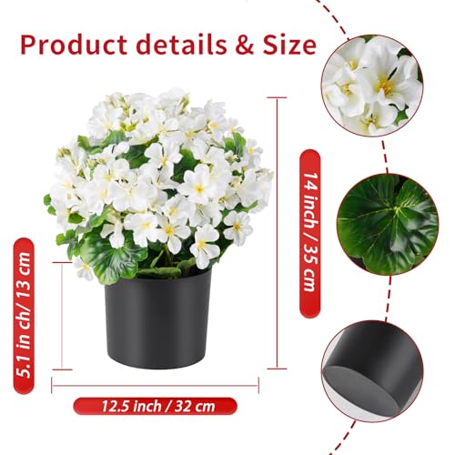 Artificial Geranium Flowers in Pot for Outdoors Fake Plants 14 Inch Faux Flowers Spring Summer Decoration for Home Front Door Garden Planter Patio Balcony Yard Indoor Outdoor White - color: White