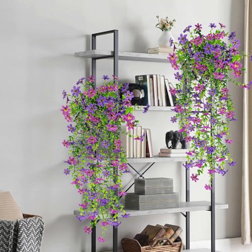 4 PCS Artificial Hanging Flowers for Outdoors, Fake Hanging Plants UV Resistant Faux Silk Daisy with Eucalyptus Leaves for Outside Home Indoor Planter Porch Patio Balcony Yard Decor (Double Purple) - color: Double Purple