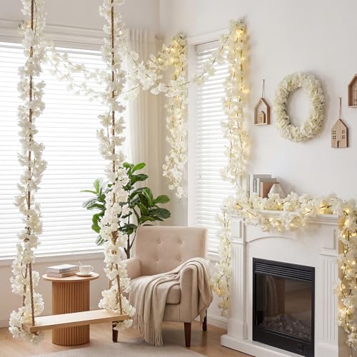 4 PCS Cherry Blossom Garland Artificial Silk Flower Vine Hanging Floral Decor for Wedding Arch Party Home Garden Wall Decoration (White) - size: 70in-4pcs-White