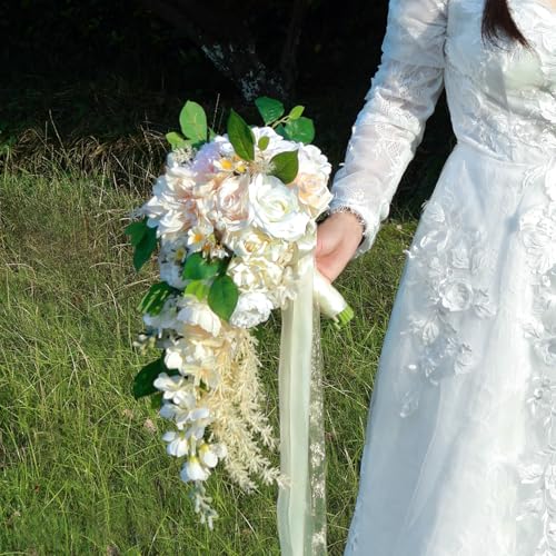 10 Inch Champagne Dahlia White Rose Cascading Bouquets for Bride Pearl Fall Wedding Bridal Bouquet Artificial Silk Flower Boho Rustic Vintage Ceremony Anniversary Decor Toss Bouquet - color: Champagne,pearl