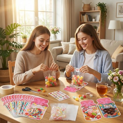 Avxdbr 27 Pack Mother’s Day Mason Jar Candy Cards DIY Heart Cutout Floral Cards with Treat Bags and Tape Mother’s Day Treat Bags with Heart Window for Mom