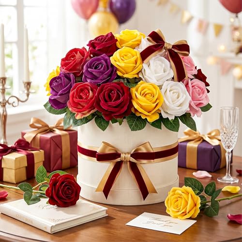 Auihiay 14PCS Mix Color Artificial Roses, Realistic Silk Fake Roses Flowers with Long Stem for Valentine's Day Gift, Baby Shower Centerpieces & Wedding Party Decor - color: Mix Color
