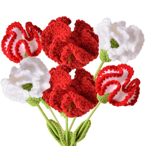 6Pcs Handmade Carnation Crochet Flower Bouquet, Completed Carnations Artificial Flower, Carnation Flower Wedding Bouquet (Red) - color: Red