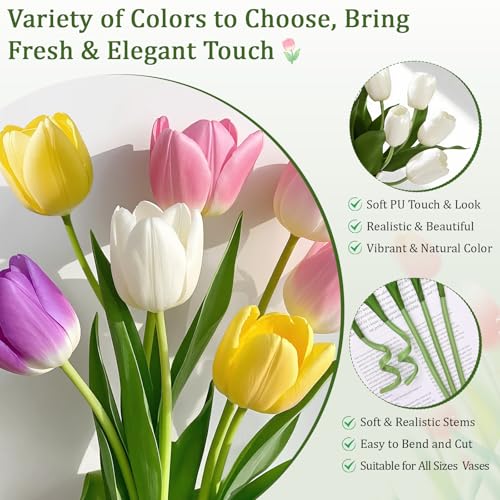 Livole 12 Pcs White Tulips Artificial Flowers Real Touch Tulips Fake Faux Tulip Flower Bouquet for Arrangement Wedding Spring Home Decor Floral Party Centerpiece 14 Inch - color: White
