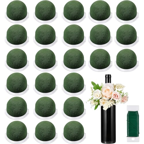 Tessco 24 Pcs Mini Floral Foam Holder Round Floral Foam with Green Arrangement Wire Arrangement Supplies for Table Wedding Wine Bottle Decor