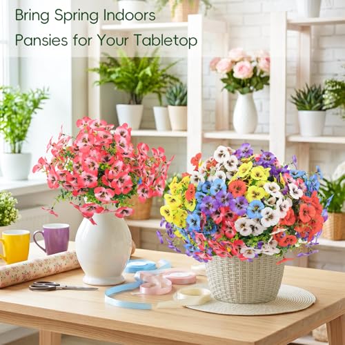MACTING 12 Bundles Artificial Flowers for Outdoors UV Resistant Fake Pansies Outdoor Plants Plastic Flowers for Planters Window Box Front Door Porch Yard Patio Garden Summer Decorations(Mix Color) - color: Mix Color, size: 12 PCS