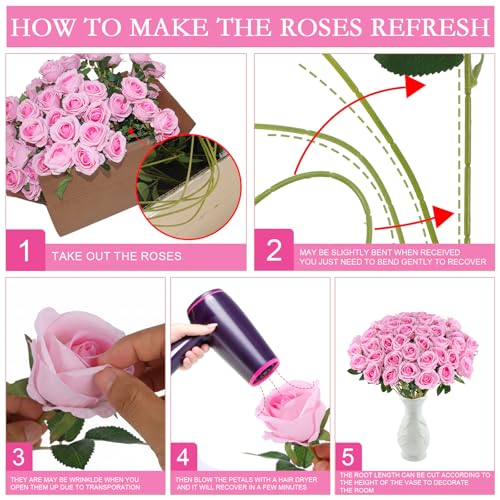 Hananona 50 Artificial Roses in Bulk, Fake Silk Pink Roses Realistic Roses for Wedding Centerpieces Flower Arrangement Home Decor (50, Pink) - color: Pink
