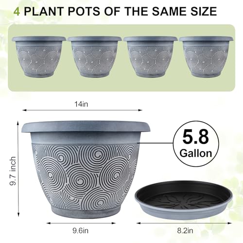 Fodetyff 14 Inch Large Planter Pot for Plants Indoor Outdoor, 4 Pack Plastic Flower Pots with Drainage Hole & Tray, Modern Decorative Garden Pot with Saucer, Plant Container for House - color: Blue, size: 14 inch-4 pack