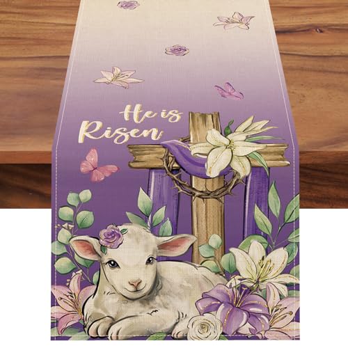 He is Risen Easter Purple Christian Table Runner, Religious Cross Lamb Lily Flower Kitchen Dining Table Decoration, Spring Eucalyptus Leaves Burlap Indoor Outdoor Home Decor Party Supply 13 x 72 - color: Easter-he is Risen, size: Table Runner 13''X72''
