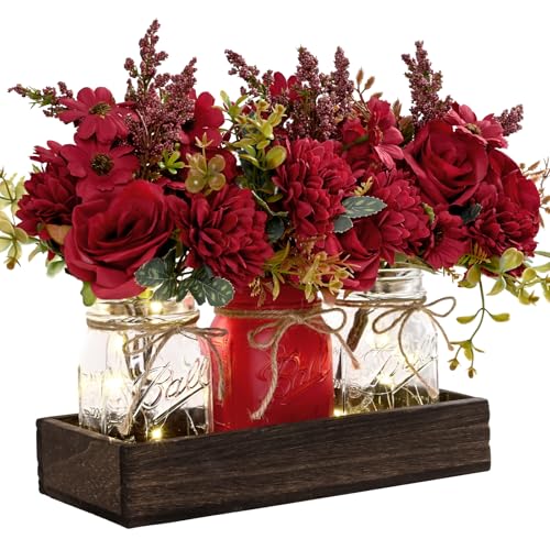 BLEUM CADE Mason Jar Centerpiece Table Decorations, Mason Jar Lights Centerpiece for Kitchen Dining Table Farmhouse Coffee Table Wedding Home Decor with 3 Jars Artificial Flowers & Wood Tray - color: Burgundy-dahlia