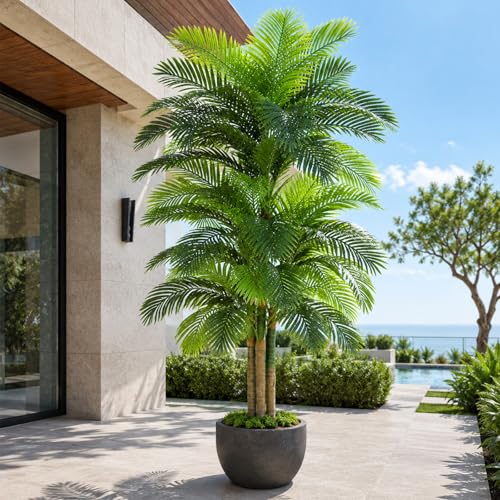 10ft Tall Triple Golden Cane Palm Artificial Tree Large Tropical Palm Tree UV Resistant Fake Plant in Pot for Indoor Outdoor Big House Living Room Outside Patio Office Home Decor 1Pack - size: 10ft