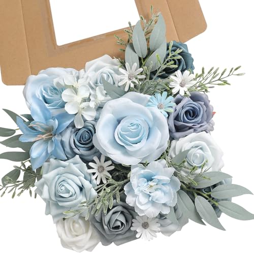 Blue Artificial Flowers Silk Fake Roses Peonies Greenery Combo Box Set for DIY Wedding Bouquets Bridal Shower Centerpieces Floral Arrangements Party Tables Home Decoration - color: Gradient Blue