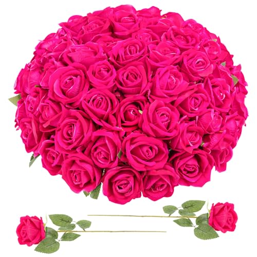 90 Pcs Hot Pink Velvet Rose Artificial Flowers with Long Stems, Fake Silk Roses Real Touch Fake Roses Florals for Birthday Wedding Bouquet Party Arrangement Decorations - color: Hot Pink