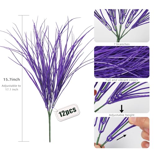 RECUTMS Fake Grass Plant Outdoor Artificial Plants Onion Grass Faux Shrub UV Resistant Faux Plastic Bush Artificial Ferns for Outdoors Greenery Stems 12Pcs for Garden Front Porch Decor(Pure Purple) - color: Pure Purple Grass