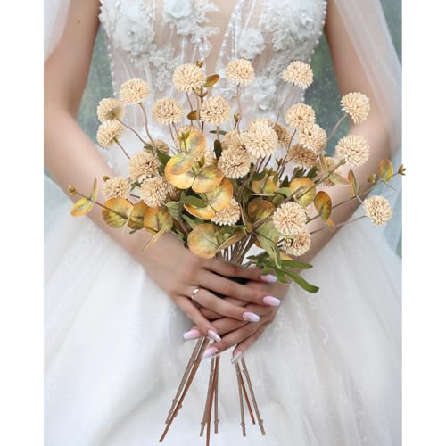 8 Stems Faux Kiku Flower with 3 Branches Eucalyptus Stems,Beige Fake Chrysanthemum Flowers Artificial Silk Pom Pom Balls for Wedding Bouquet Home Office Party Floral Arrangements(Beige) - color: Beige