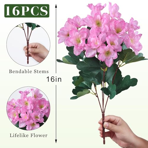 YXZZWL 16 Bundles Artificial Flowers for Front Door, Fake Silk Azalea Bouquet Silk Flowers for Outside UV Resistant Realistic Faux Plants for Planter Farmhouse Patio Garden Walkways Home Decor (Pink) - color: Pink