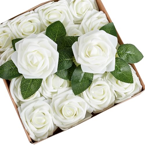 16 Pcs Fake Roses White Artificial Flowers | Foam Roses with Stems, White Foam Flowers for DIY Wedding Bouquets, Centerpieces, Party, Home Decor - color: Milky White