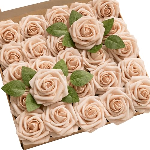 Ling's moment Artificial Flowers 25Pcs Nude Roses Decor w/Stems,3" Real Touch DIY Foam Floral for Wedding Bouquet/Centerpieces, Outdoors Party Backdrop, Room/Table, and Garden/Pot Decorations - color: Br-nude, size: 25Pcs