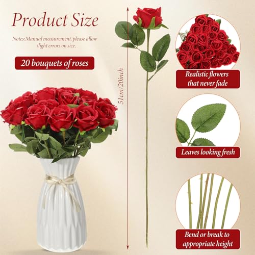 Hotop 20 Pcs Artificial Rose Flowers with Long Stem,Real Lifelike Silk Realistic Plastic Bouquet Roses Bulk for Home Decor Bridal Wedding Party Table Centerpieces Decorations(Red) - color: Red