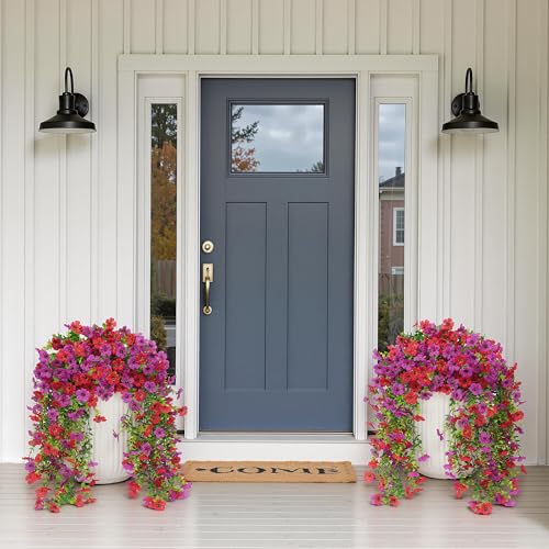 Artificial Fake Hanging Flowers Plants for Outdoor , 4PCS Faux Silk Daisy No Fade Spring Summer Decoration UV Resistant Realistic Plants plastic Flowers for Porch Patio Balcony Yard Decor(Purple Red) - color: Purplered