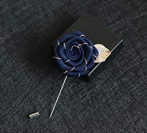 Flairs New York Gentleman's Essentials Premium Handmade Flower Lapel Pin Boutonniere - color: [Fabric] Navy Blue / Gold Leaf