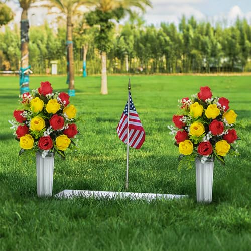 XONOR Artificial Cemetery Flowers for Grave Decorations, Artificial Memorial Roses Flowers Bouquet with Vase for Cemetery Headstones Decoration, 2 Sets (Red&Yellow) - color: Red&yellow