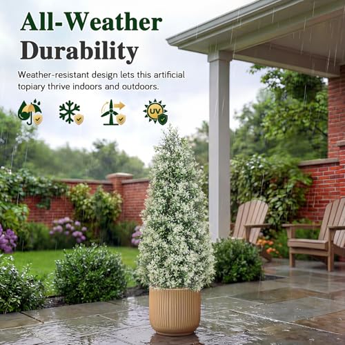 PATIO CHOICE 3ft Artificial Topiary Trees with Ground Spike Set of 2 Outdoor Faux Plants Realistic Faux Bushes and Shrubs Decorations for Outdoor Front Porch Garden - color: White, size: 3ft