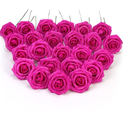 50pcs Artificial Flower，Real Touch Artificial Foam Roses Decoration DIY for Wedding Bridesmaid Bridal Bouquet Centerpieces Party(50, Fushcia) - color: Fushcia