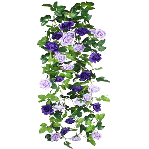 2 Pcs Artificial Rose Garland Flowers Vines Hanging Silk Rose Vine Outdoor 15.8ft Silk Flowers Rose Ivy Vines for Bedroom Wedding Arch Decor Purple Flower Garland for Backdrop Wall Home Garden - color: Purple