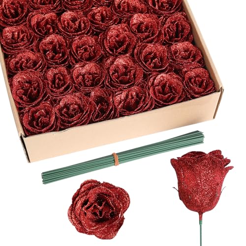 Artificial Roses, 30PCS Red Glitter Silk Roses for Wedding Bouquet, Party, Christmas, Home Decor - color: Red