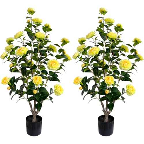 Artificial Camellia Tree 3.4ft Fake Trees pseudophyte (2, Yellow)