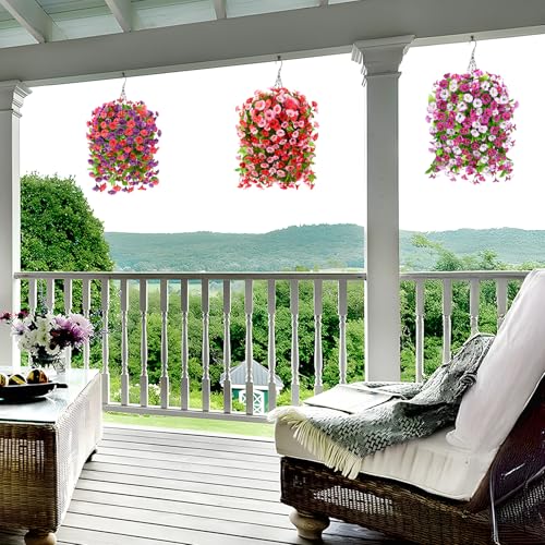 Homsunny Artificial Faux Hanging Flowers Plants Baskets for Outdoor Spring Summer Decorations,Resistant Fake Morning Glory Silk Plants for Outside UV Resistant Patio Yard Home Porch Decor(Red Purple) - color: Red Purple