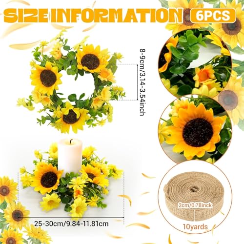 6 Pcs Small Sunflower Wreaths with Ribbon for Cabinet Front Door Mini Artificial Floral Hanging Wreath 3" Spring Summer Fake Yellow Daisies Wreaths Farmhouse Pillar Window Home Wall Party Décor - color: Sunflower