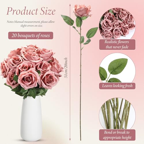 Hotop 20 Pcs Artificial Rose Flowers with Long Stem,Real Lifelike Silk Realistic Plastic Bouquet Roses Bulk for Home Decor Bridal Wedding Party Table Centerpieces Decorations(Dusty) - color: Dusty