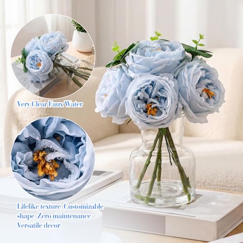 Norme Real to Touch Penoies Artificial Flowers, 6 Pcs Faux Austin Rose in Vase with Big Bloom and Fake Water Real Latex Petals for Wedding Dining Table Centerpiece Home Decor(Light Blue) - color: Light Blue