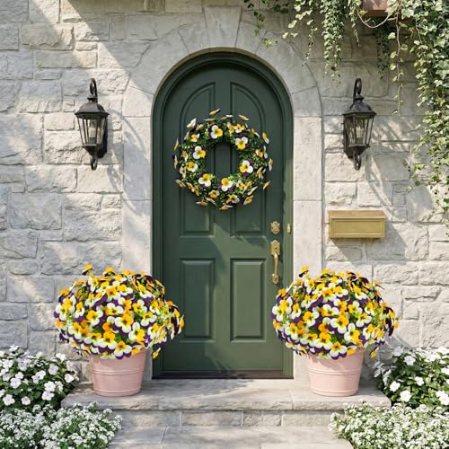 lovemoon 16 Pcs Artificial Pansy Flowers for Outdoor Faux Silk Spring Flowers for Outside, Realistic Pansies for Window Box, Planter, Front Door, Porch and Garden Home Decor(16, Yellow,White,Purple) - color: Yellow,white,purple