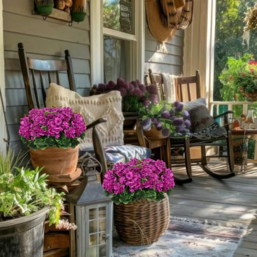 2 Pcs Artificial Geraniums for Outdoors Silk Cemetery Flowers Fuchsia Faux Flowers Geraniums for Planter Outdoor Garden Patio Grave Cemetary Vase Centerpiece Indoor Porch Decor - color: Fuchsia