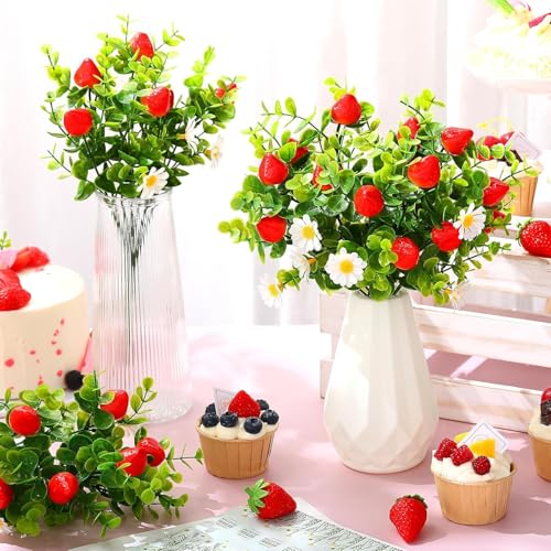 Tigeen 24 Pack Strawberry for Decoration Fake Strawberry Branches Artificial Vivid Red Faux Tables Centerpiece for Kitchen Stem Fruits for Home Spring Summer Decor - style: Strawberry