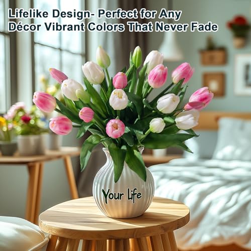 Bailikang 20PCS Fake Tulips Artificial Tulip Silk Flowers Fake PU Bouquet Artificial Flowers Faux Flowers with Gift Box Soft Faux Tulips Bouquets Arrangements for Party Wedding Home - color: White+pink