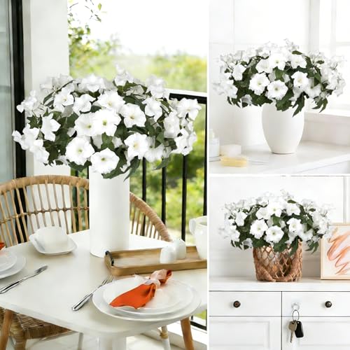 Artificial Flowers for Outdoors, Faux Petunias Spring Summer Decoration, Fake Flowers Plants UV Resistant Look Real Silk Flowers for Outside Planter Front Door Porch Patio Yard (6, White) - color: White