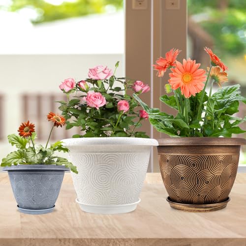 Fodetyff 12 Inch Large Planter Pot for Plants Indoor Outdoor, 4 Pack Plastic Flower Pots with Drainage Hole & Tray, Modern Decorative Garden Pot with Saucer, Plant Container for House - color: Gold, size: 12 inch-4 pack
