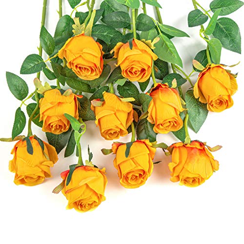 10pcs Artificial Rose Flowers Long Stem Fake Silk Roses for DIY Wedding Bouquet Table Centerpiece Home Decor (Orange) - color: Orange