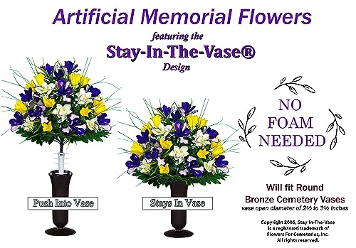 Sympathy Silks Artificial Cemetery Flowers - Grave Decoration - Yellow Tulips and Purple Iris (1) Headstone Saddle (1) Bouquet (1) Vase - color: Yellow/Purple, size: (1) Saddle (1) Bouquet (1) Vase