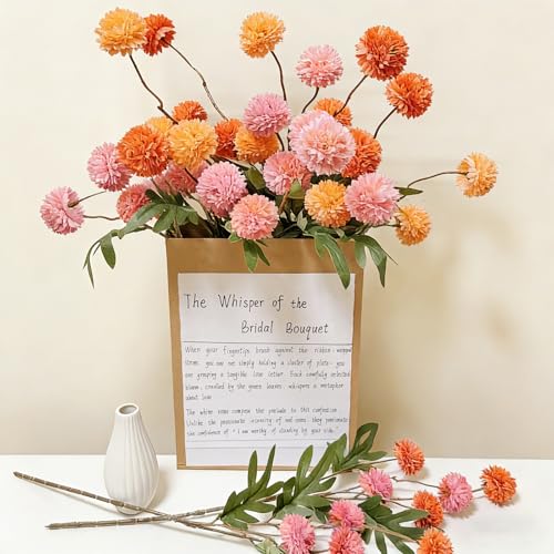 Kinisty 8 Pcs Artificial Flowers Pink Orange Yellow Faux Silk Pompon Mums, 20" Long Stem Fake Chrysanthemum Bouquet for Vase Farmhouse Home Decor, Wedding Centerpiece - color: Pink and Orange