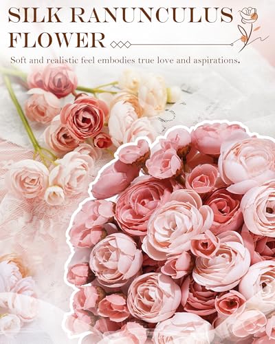 24Pcs Ranunculus Artificial Flowers, Faux Ranunculus Flowers Bulk, Fake Peonies Look Real - 4 Blooms per Stem, Silk Flowers Bouquets for Wedding, Decor - Perfect Match to Tulips & Peonies, Dusty Rose