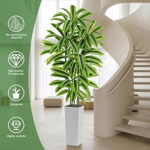 Artificial Yellow Dracaena Tree - 7FT Tall Fake Plants with White Tall Planter - Artificial Plants Indoor Floor Plant in Pot - Large Tropical Fake Yucca Potted Tree for Home Office Living Room Decor - color: White-yellow Leaf, size: 7 FT