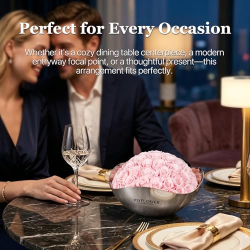 JoyFlower Preserved Flowers Decor, Eternal Roses in Stainless Steel Bowl Decors for Table Centerpiece, Forever Flowers Decorations for Home Living Room Bedroom Coffee Shop House Office(Small, Pink) - color: Pink, size: Small